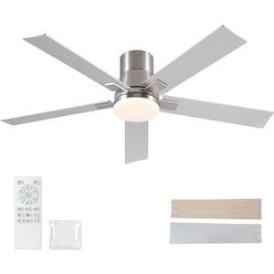 52 Inch Ceiling Fans with Lights and Remote,Flush Mount Brushed Nickel Ceiling Fan,6 Speed Reversible DC Motor, 3CCT Dimmable LED-Low Profile Design for Bedroom, Living room & Covered Outdoor