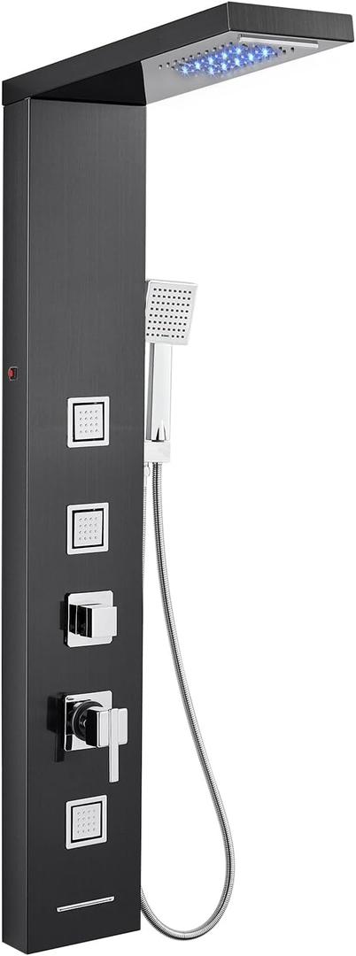 MENATT LED Shower Panel Tower System, Bathroom 5-Function Shower Panel Tower with LED Rainfall Waterfall Shower Head, Massage Jets, Tub Spout, Handheld Shower, Black