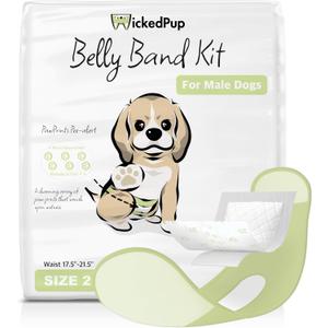 WICKEDPUP Male Dog Belly Band Kit, 50 Diaper Pads & 1 Reusable Male Wrap (Size 2 (17.5"-21.5" Waist))
