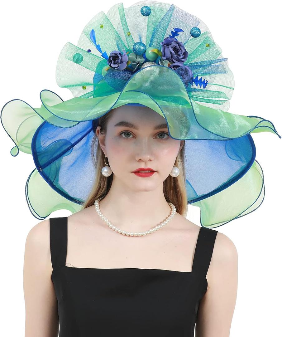 Women Derby Church Organza Flower Wedding Tea Party Fascinator Wide Brim Sun Hat
