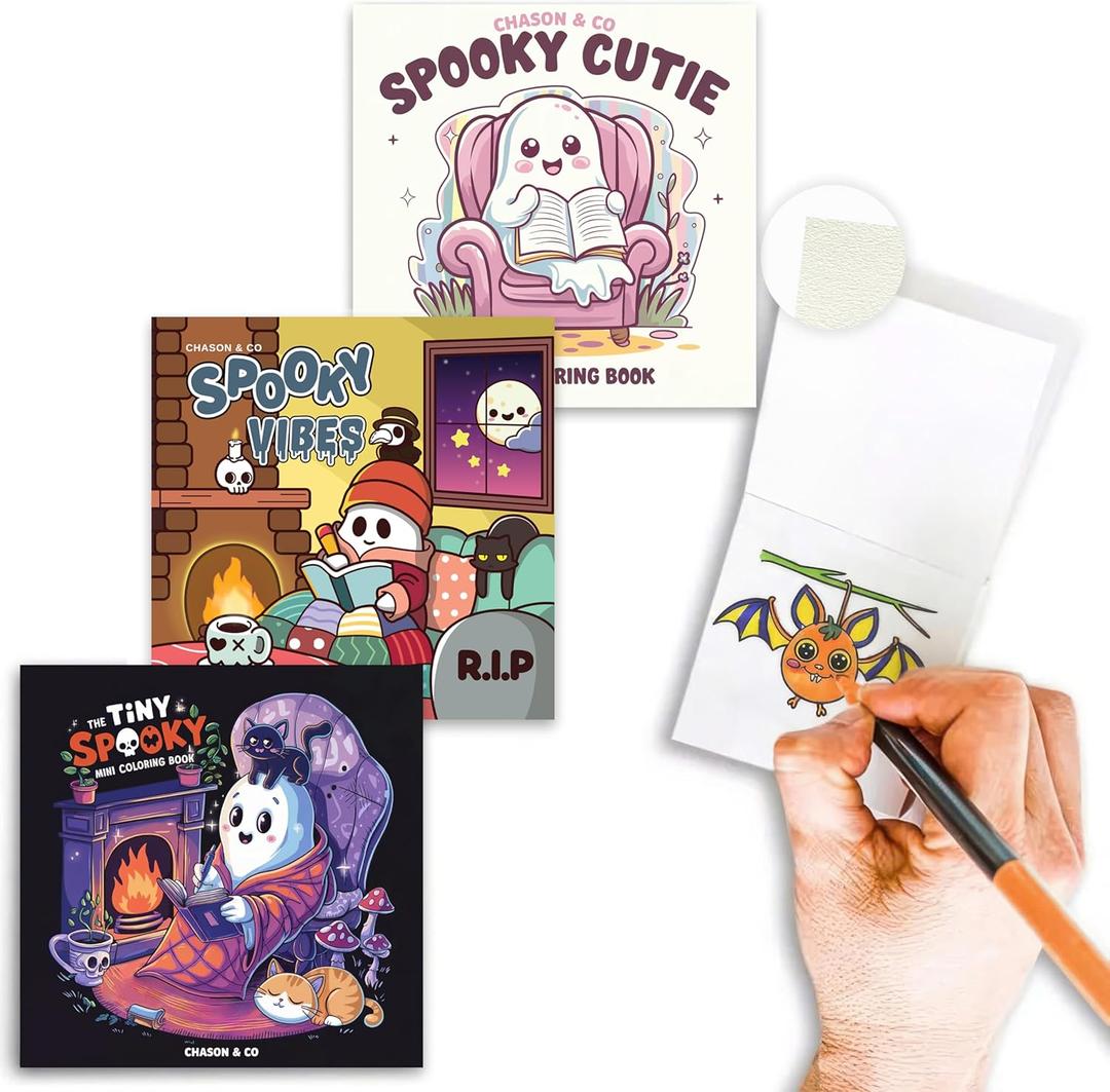 Chason & Co Mini Coloring Book Adult Bulk - Small Coloring Books for Adults | Bold and Easy, Cute Art for Teens & Women Stress Relief | 50 Pages x 3 Pack Travel Size + Bleed Guard Page (Spooky Cutie)
