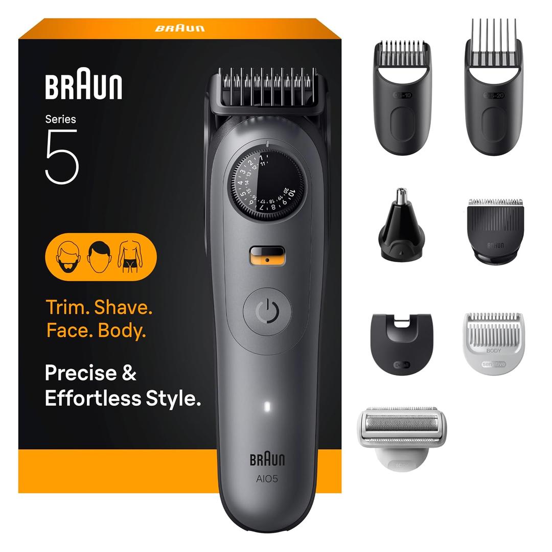 Braun Series 5 All-in-One Beard & Body Grooming Kit for Men, Cordless Trimmer, Hair Clippers & Shaver for Face, Hair & Body with Smooth Shave Head, AIO 5510