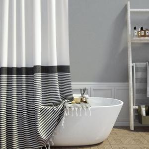 Extra Long Shower Curtains, 96 Inches Long Farmhouse Boho Striped Fabric Tassel Shower Curtains for Bathroom, Tall Bohemian Textured Cloth Shower Curtain Set with Hooks, Black, 72x96