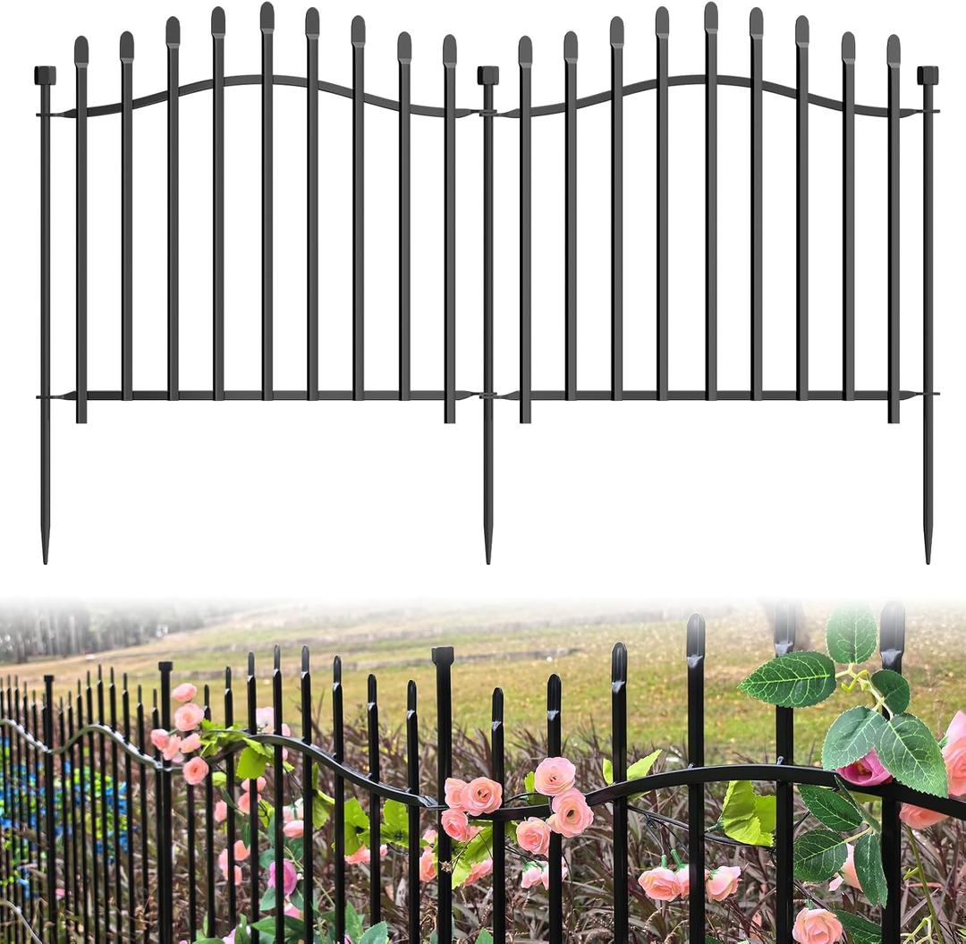 10 Panels No Dig Garden Fence - 24in H x 22.5ft L, Reinforced Square Tube Rustproof Metal Animal Barrier for Dogs & Rabbits, Outdoor Decorative Border Fencing for Yards & Gardens