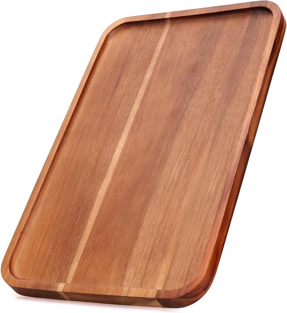 Large Wood Serving Trays Decor Long Charcuterie Cheese Boards Acacia Rectangle Wooden Platters for Food Dish Cookie Snack Appetizer Plates Rectangular Kitchen Dinner Platter Cake Dessert Plate Tray Brown (14" x 10" x 0.8")