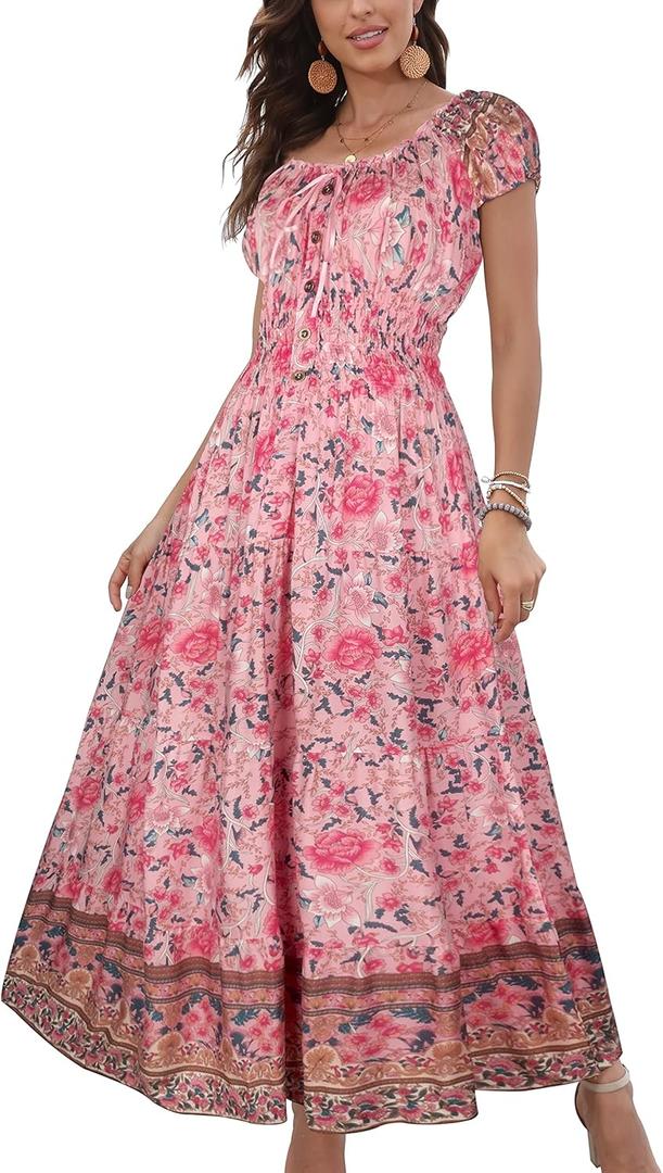 OSTOO Women's 2025 Summer Short Sleeves Boho Floral Print Tiered Casual Flowy Long Maxi Dress (Medium)