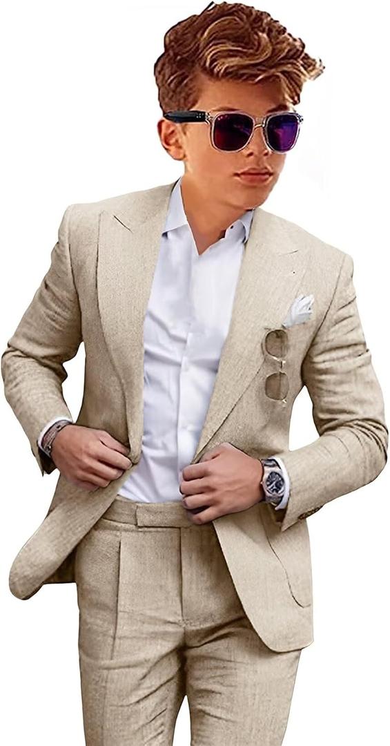Beige Linen Suit for Boys Dress Clothes Formal 2 Piece Beach Wedding Outfit Kids Prom Tuxedo Dresswear Set Size 8