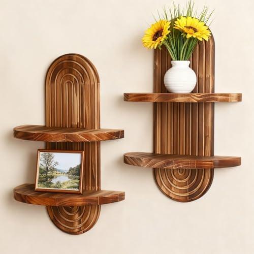 Artilady 2 Pack Shelf Wall Decor Boho Wood Floating Shelves 2 Tier Plant Holder Trinket Storage Rack Rainbow Hanging Decor for Home Bedroom Living Room Office Nursery