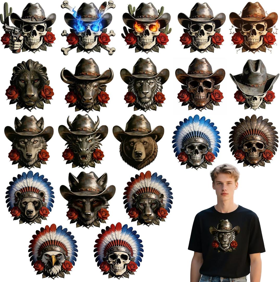 20 PCS Skull Heat Transfer Vinyl Stickers, Beast Animal Head Western Cowboy Style Iron On Patches for T-Shirts, Hoodies & Clothing Accessories, DIY Craft Decals, 9.8 inches x 9.4 inches