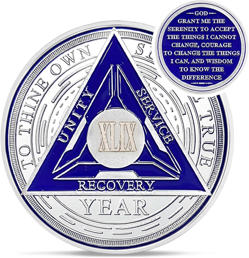 Recovery Triangle 49 Year Sobriety Coin - Silver Roman Numeral NA AA Coins - 1-65 Prime NA/HA/AA Chips and Medallions - Narcotics Alcoholics Anonymous Sober Gifts for Men Women