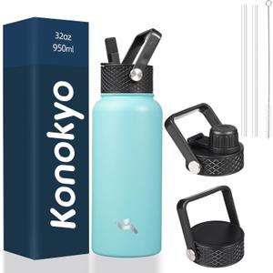 32 oz Insulated Water Bottle Stainless Steel Sport Bottles with 3 Lids,Navy Blue