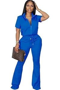 OCEANLUX Women's Lounge Tracksuit Set Two Piece Full Zip Up Short Sleeve Jacket & Drawstring pants Outfits (Large, 9288- Blue)