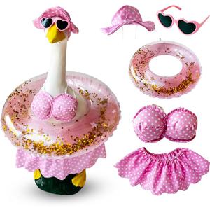 Porch Goose Summer Outfit for 23 Inch Lawn Goose, Hawaiian Porch Goose Bikini Outfits with Hat Sunglasses & Swimming Ring for Goose Statue, Goose Clothes for Patio Garden Yard Decoration, Color: Pink Bikini