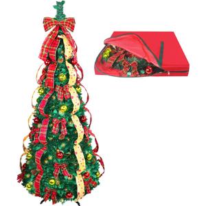 6ft Pop up Christmas Tree - Fully Decorated Pre-Lit Pull Up Tree Includes Storage Bag, Ornaments, Ribbon, Pinecones, Stand, and Warm UL Lights