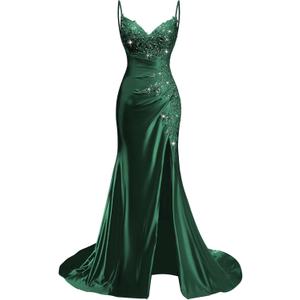 Lace Applique Satin Prom Dresses for Women 2026 Mermaid V Neck Ruched Spaghetti Strap Formal Evening Gown with Slit (Green, L)