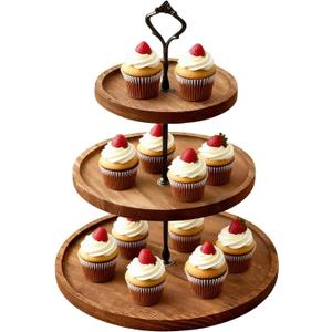 3 Tier Round Cupcake Tower Stand for Cupcakes, Wooden Cake Stands with Tiered Tray, Farmhouse Wood Dessert Display Platter for Birthday Graduation Baby Shower Wedding Tea Party
