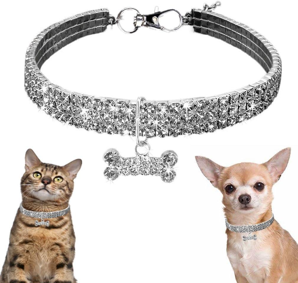 Bling Dog Necklaces for Small Dogs, Glitter Crystal Rhinestone Cat Collar, Diamond Pet Jewelry Female Puppy Collars with Bone Pendant for XXS Xs Small Tiny Girl Dogs, XXSmall (XXS(Neck7-9"), White)