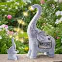 RM ROOMERS Elephant Garden Decor, 2 PCS Elephant Sculptures for Outdoor Resin Solar Elephant Statues Watering, Elephant Decor for Yard, Animal Statues for Patio, Birthday Gifts for Women (Grey and Black)