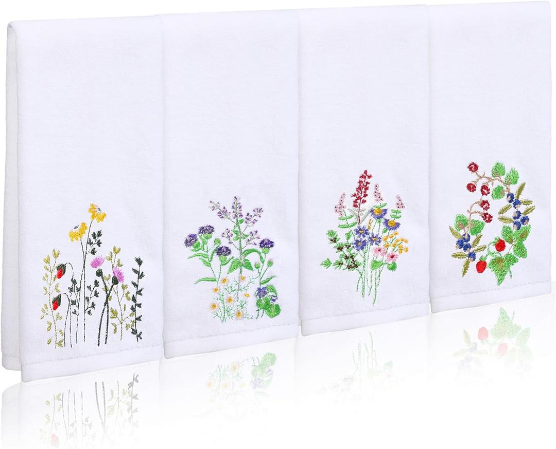 4 Pcs Floral Hand Towels Set Spring Wildflower Embroidered Bathroom Towels Absorbent Spring Cotton Hand Napkins Decorative Cloth Dish Tea Towels for Drying Cleaning Gift, 14 x 30 Inch