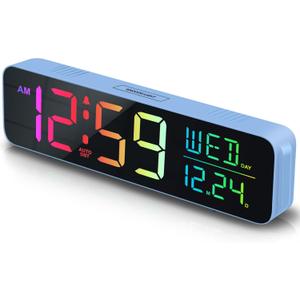Peakeep Loud Digital Alarm Clock Large Display for Bedrooms with Date, Day of Week, Auto DST, Desk Clock Electric Plug in for Living Room, Battery Backup, USB Port, 5 Dimmers (Blue Rgb)