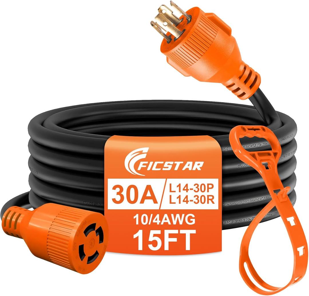 15 Ft 30 Amp 4 Prong Generator Extension Cord, NEMA L14-30P to L14-30R, 410 Gauge STW 125/250V Up to 7500W Generator Cable, ETL Listed (Orange)