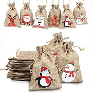 LOKIPA Christmas Jute Burlap Bags, Xmas Jute Linen Burlap Drawstring Gift Treat Candy Bag for Xmas Favors (24)