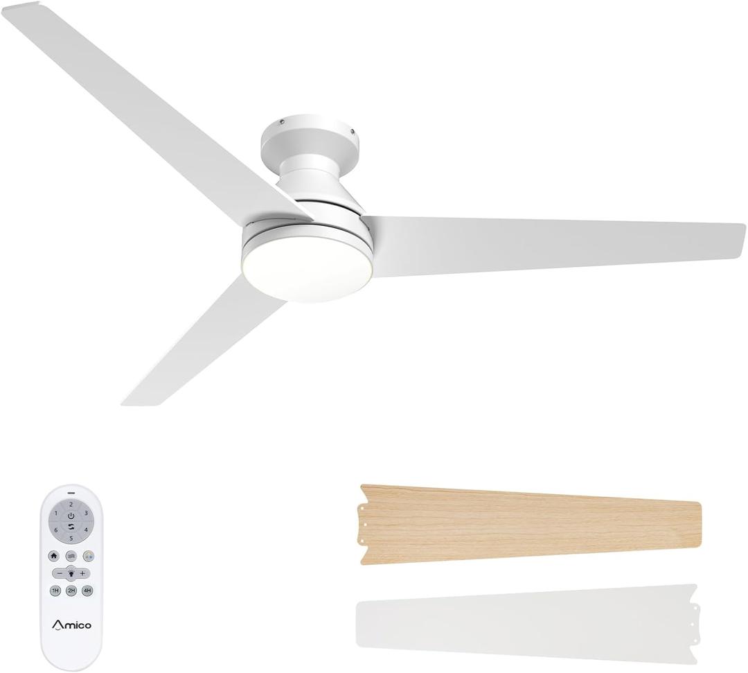 Amico Ceiling Fans with Lights, 52 inch Low Profile Ceiling fan with Light and Remote Control, Flush Mount, Reversible, 3CCT, Dimmable, Noiseless, White Ceiling Fan for Bedroom, Indoor/Outdoor Use (52 inch, White)