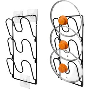 2 Pack Pot Lid Organizer Rack for Cabinet Door/Wall, 6-Tier Pot Lid Holders inside Cabinet Door, No Drilling Adhesive Wall/Door Mounted Rustproof Pots and Pans Lid Organizers for Kitchen Storage Black