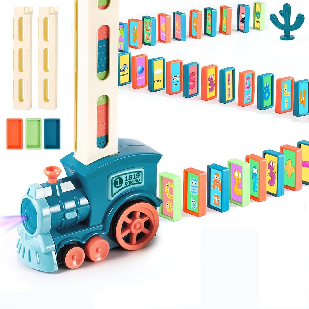 200 PCS Domino Train Toys Set with Stickers, Automatic Dominos Building and Stacking Creative Game, Electric Dominoes Stem Montessori Toys for Kids Autistic Boys Girls 2 3 4 Birthday Gifts