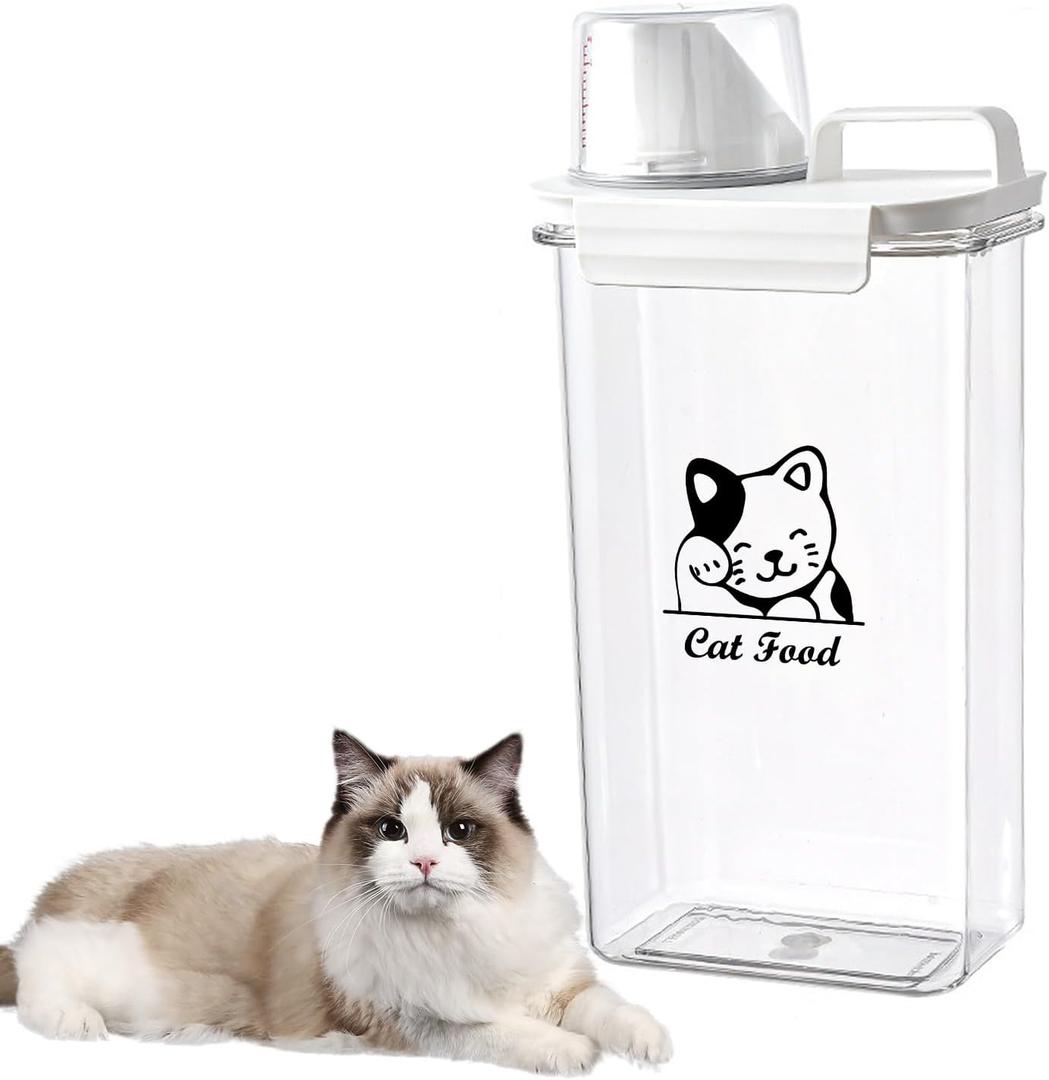 Cat Food Container 2.5L Clear Plastic Cat Food Storage 3 lbs Cat Food Portable Container with Pour Spout/Measuring Cup, Airtight Pet Food Dispenser Ideal for Travel, Camping, Picnic-BPA Free