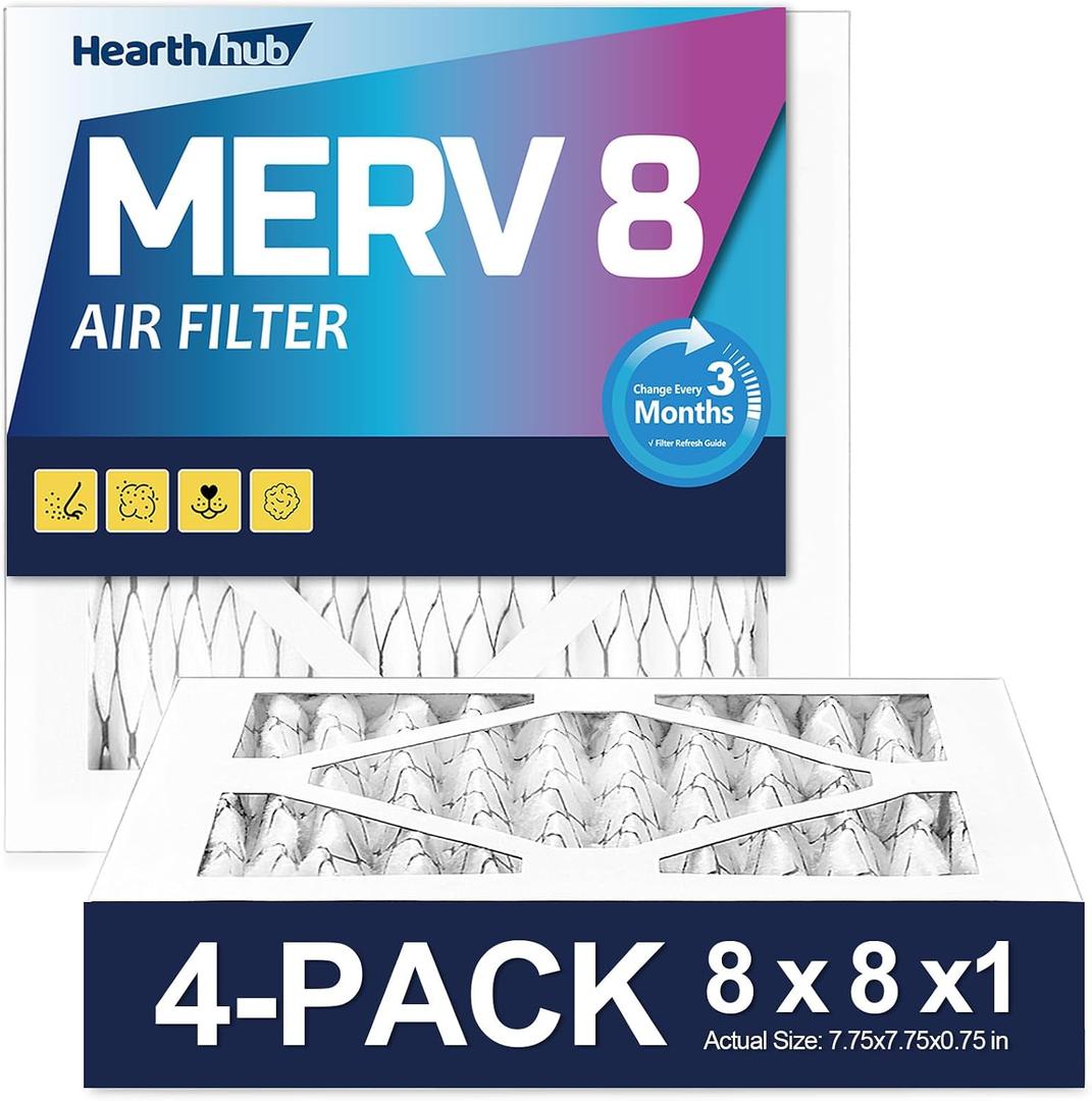 8×8×1 MERV 8 Furnace Air Filters - HVAC/Furnace AC Filter Replacement (Actual Size 7.75x7.75x0.75) - Pleated Dust Defense Air Conditioner Filters for Home Office (4 Pack)