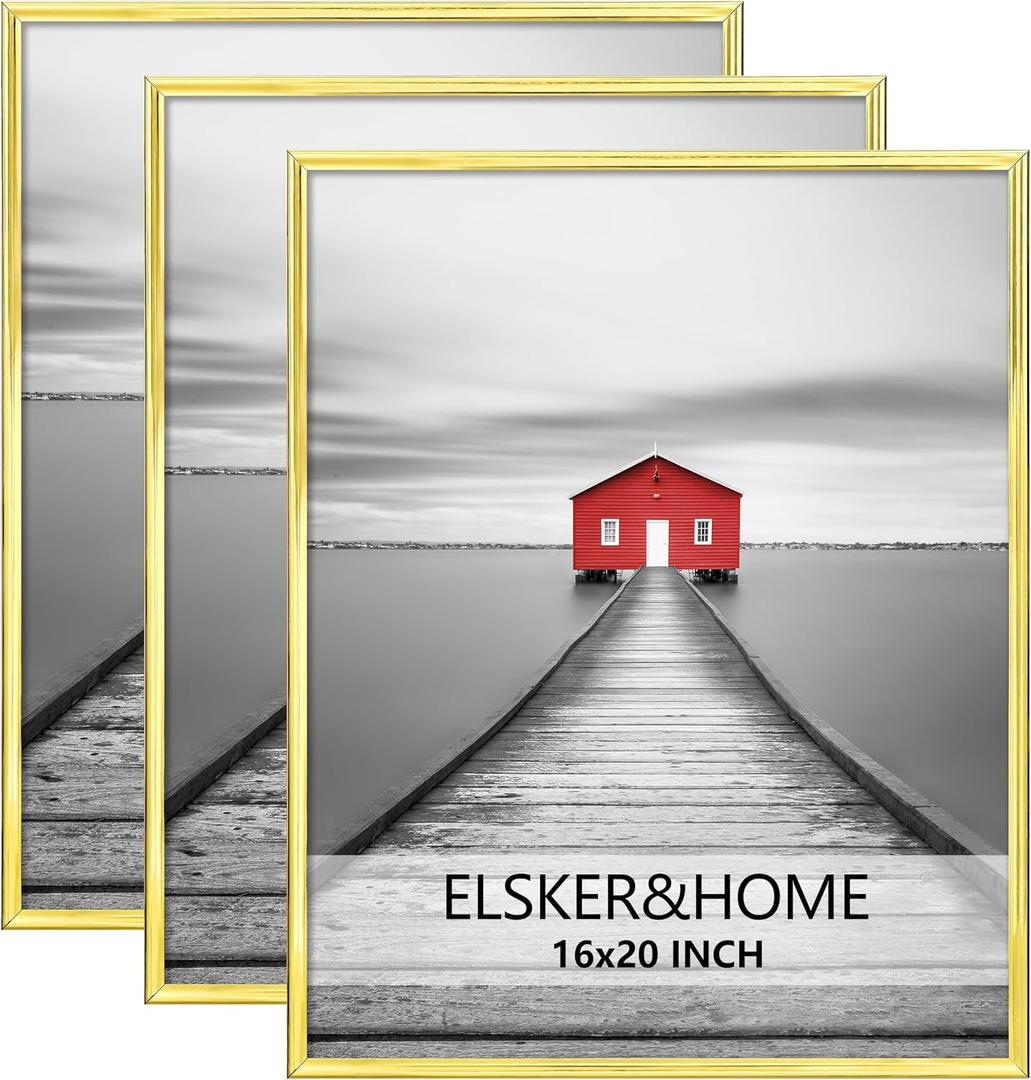 ELSKER&HOME 16x20 Poster Frame 3 Pack, Gold Picture Frame for Horizontal or Vertical Wall Mounting, Sturdy and Scratch-proof