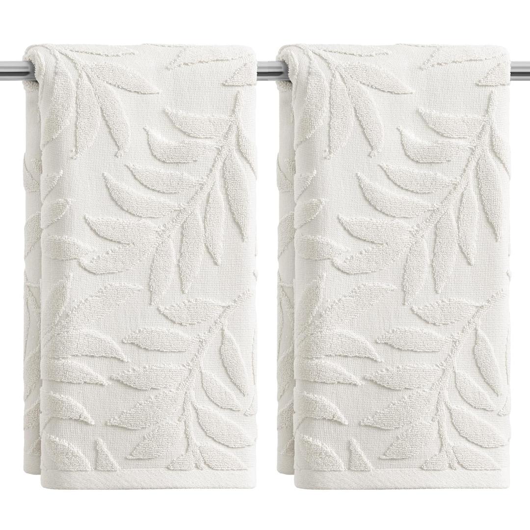 Artoid Mode 2 Pcs White 3D Leaves Jacquard Hand Towels for Bathroom, 100% Cotton Soft Absorbent Bathroom Decor Towels, 13.7 x 29.5 Inch