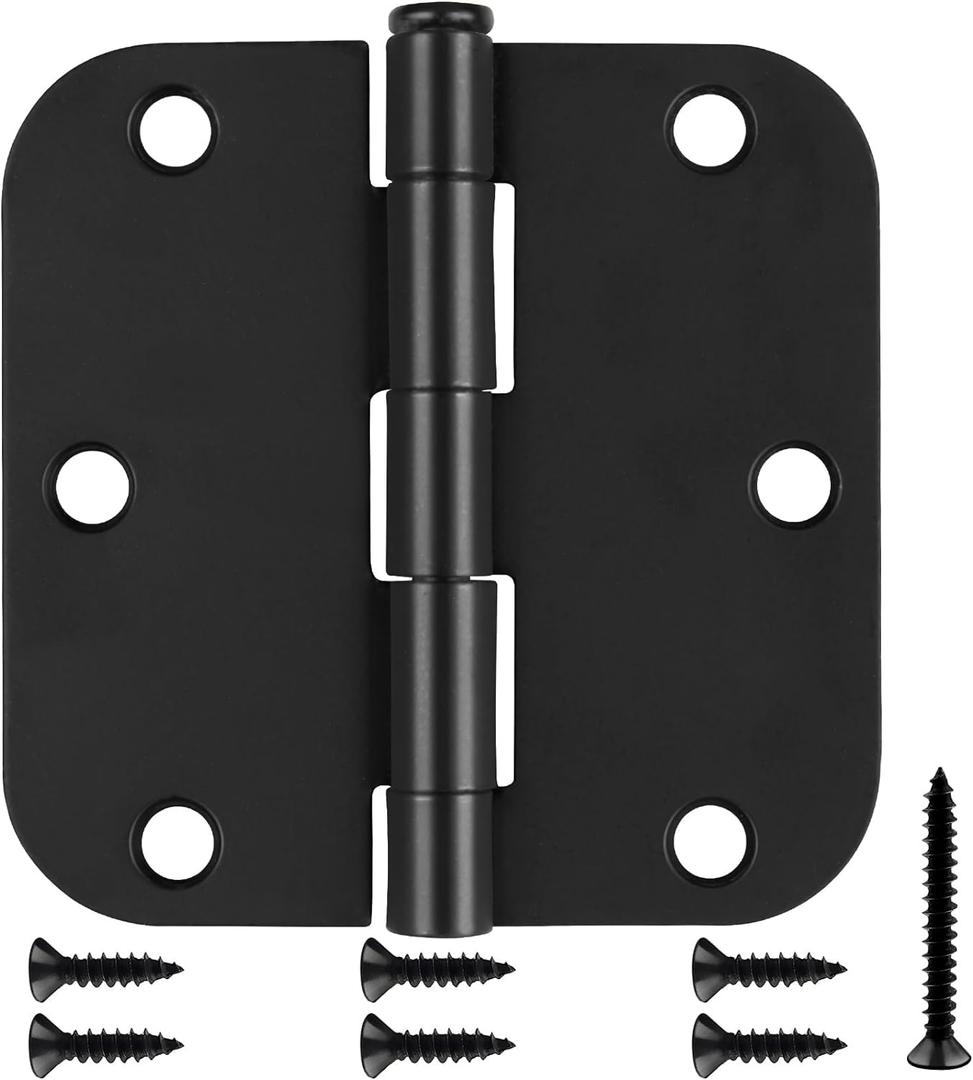 30 Pack Matte Black Door Hinges, 3.5 x 3.5 Inch, 5/8" Radius Rounded Interior Hinges, 6 Holes, Modern/Industrial Style, Iron Material