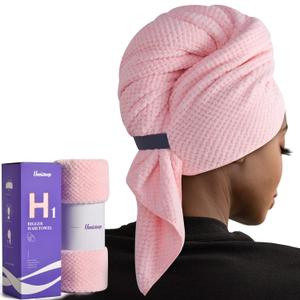 Umisleep Extra Large Microfiber Hair Towel for Women Long, Curly, Thick Hair, Super Soft Anti Frizz Quick Dry Hair Towel Wrap, Ultra Absorbent Hair Turban with Elastic Band Pink