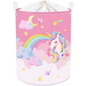 Clastyle 45L Pink Unicorn Laundry Basket for Girls Round Rainbow Kids Laundry Hamper Moon Stars Flower Cloud Toy Clothes Storage Basket