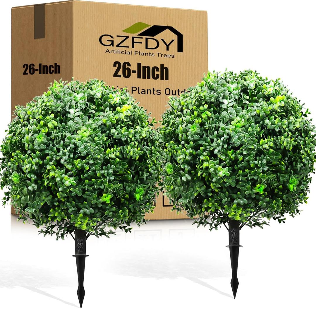 26-Inch Artificial Topiary Boxwood Ball Trees (Set of Two) Lifelike, UV-Resistant Decor for Indoor & Outdoor Use Enhance Your Space with Vibrant Greenery