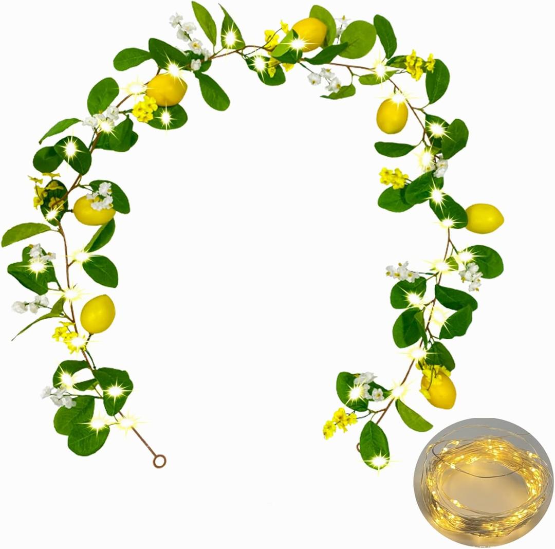 Hamifinee Artificial Lemon Garland with Fairy Lights Spring Summer Greenery Lemon Vine Plant Vivid Fruit Dense White and Yellow Flowers Hanging Wreath for Home Garden Wedding Party Christmas Dcor