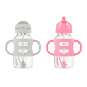 Dr. Brown's Milestones Wide-Neck Sippy Straw Bottle, Spill-Proof with 100% Silicone Handles and Weighted Straw, 9 oz/270 mL, Gray & Pink, 6m+, 2-Pack
