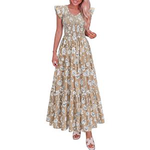 PRETTYGARDEN Women's Boho Floral Maxi Dress 2026 Summer Smocked V Neck Ruffle Sleeve Spring Flowy Beach Vacation Sundresses (Khaki White Floral, Medium)