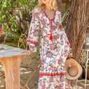 Sunny Spirit Womens Maxi Boho Dresses Floral Print Summer V Neck 2025 Flowy Tassel Long Casual Dress with Long Puff Sleeves (M)