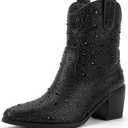 IDIFU IN2 Womens Booties Cowgirl Cowboy Rhinestone Ankle Boots for Women Low Short Block Heel Pointed Toe Slip On Fall Booties Ladies Western Sparkly Glitter Disco Wedding Fashion Dressy Boots (9)
