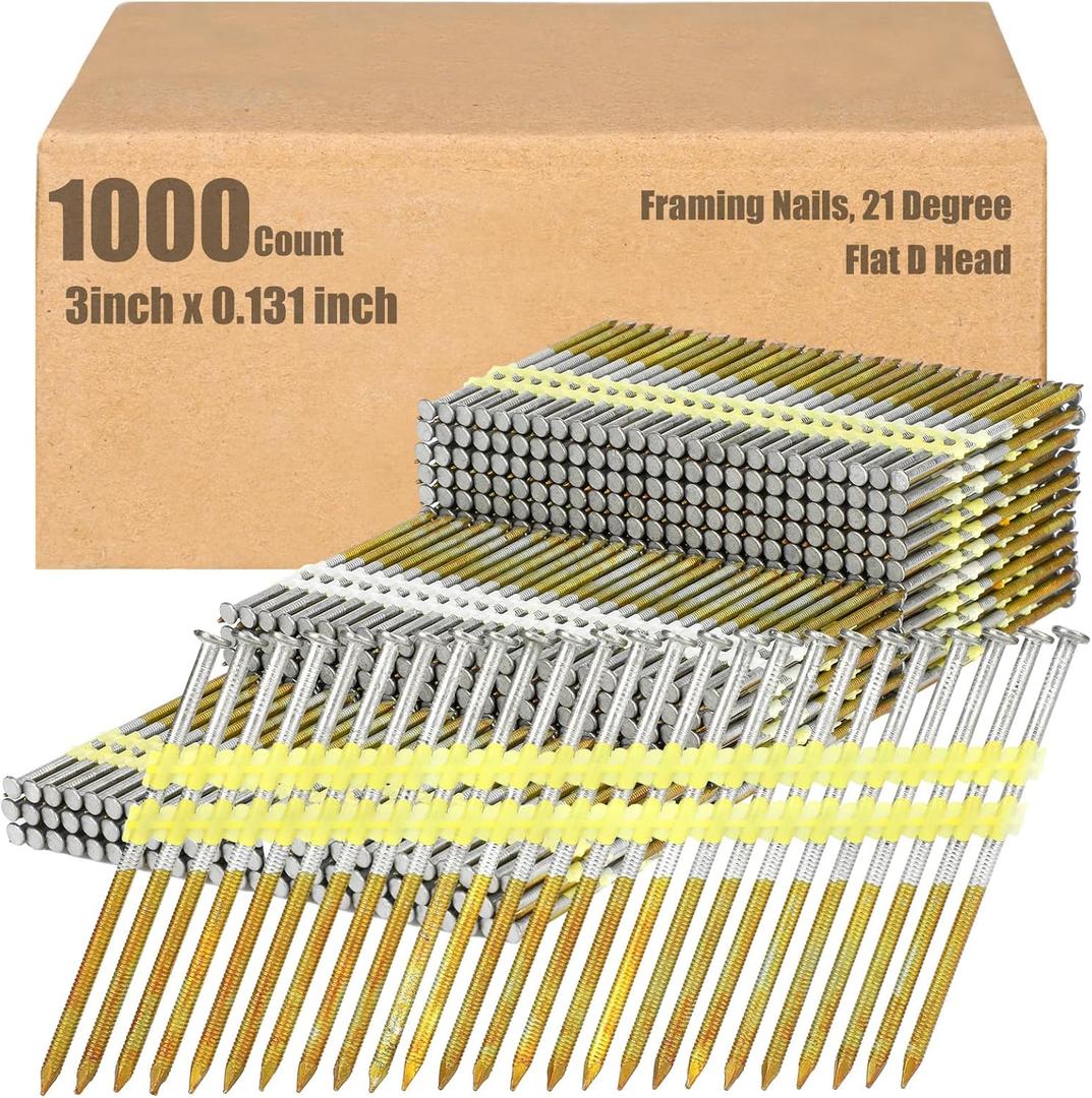 Therwen Framing Nails, 21 Degree, Flat D Head, Galvanized, Ring Shank, Plastic Row Fixed, 21 Degree Framing Nails for Use in All Pressure Treated Lumber (1000 Count,3 Inch x 0.131 Inch)