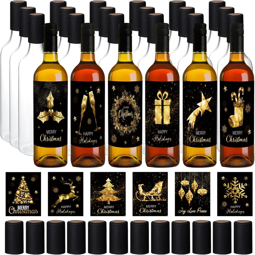 Maxcheck 78 Pcs 25 oz Christmas Plastic Wine Bottles Set with Shrink Capsules and Xmas Label Stickers Airtight 750ml Empty Liquor Bottles with Lid for Xmas Party Supplies Decoration(Clear,Black Gold)