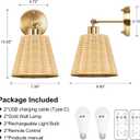 Frideko Rattan Rechargeable Battery Operated Wall Sconces Set of Two with Remote, 3 Colors Dimmable Wireless Wall Light, 5200mAh Indoor Wall Lamp with 4 Timer, Boho Sconces Wall Lighting for Bedroom