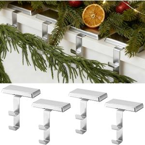 UMMNPR 2 in 1 4 Pack Christmas Stocking Holders for Mantle, Heavy Duty Weighted Metal Hanger with Non-Slip Base Xmas Ornament for Garland Hook Fireplace, Shelf, Tabletop, Counter, Window Decor (Silver)