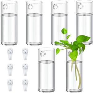 Baderke 6 Pcs Glass Wall Vase for Plants Indoor Hanging Propagation Planter Container Holder with Plastic Invisible Traceless Hangers Hydroponic Plant Succulent Garden Wedding Decor