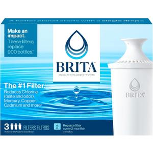 Brita Standard Water Filter for Pitchers and Dispensers, BPA-Free, Reduces Copper, Cadmium and Mercury Impurities, Lasts Two Months or 40 Gallons, Includes 3 Filters for Pitchers