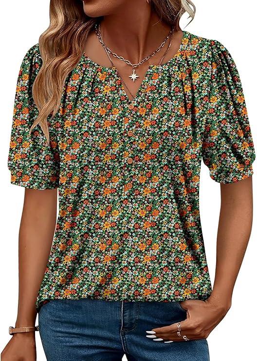 CRAZY GRID Women's Dressy Casual Top Puff Sleeve Summer Shirt Loose Trendy Pleated Blouse, Size Large 