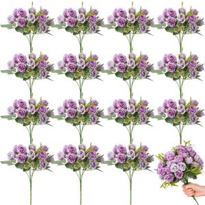 Zeyune 16 Bunches 12 Inch Artificial Mini Rose Bouquet 160 Heads Bridal Flower Bouquets Fake Silk Rose Bulk for Valentine's Day Wedding Bridal Shower Home Office Garden(Purple and Light Purple)